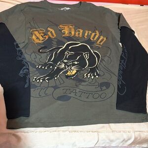 Ed Hardy Men's Olive and Black Panther Long Sleeve Tee